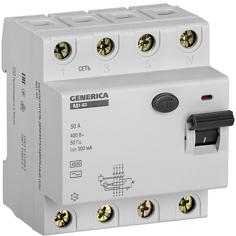 IEK GENERICA   УЗО ВД1-63 4Р 50А 300мА